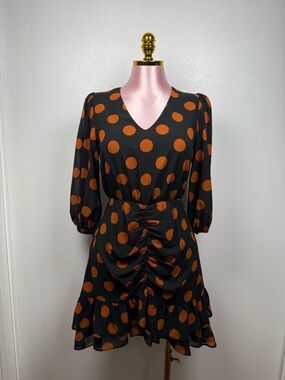 Sienna Sky Black Orange Polka Dot Dress Ruched Front Ruffle Sleeve Size XS